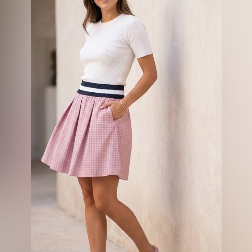 Maeve Pink Pleated Circle Skirt with black Waistband